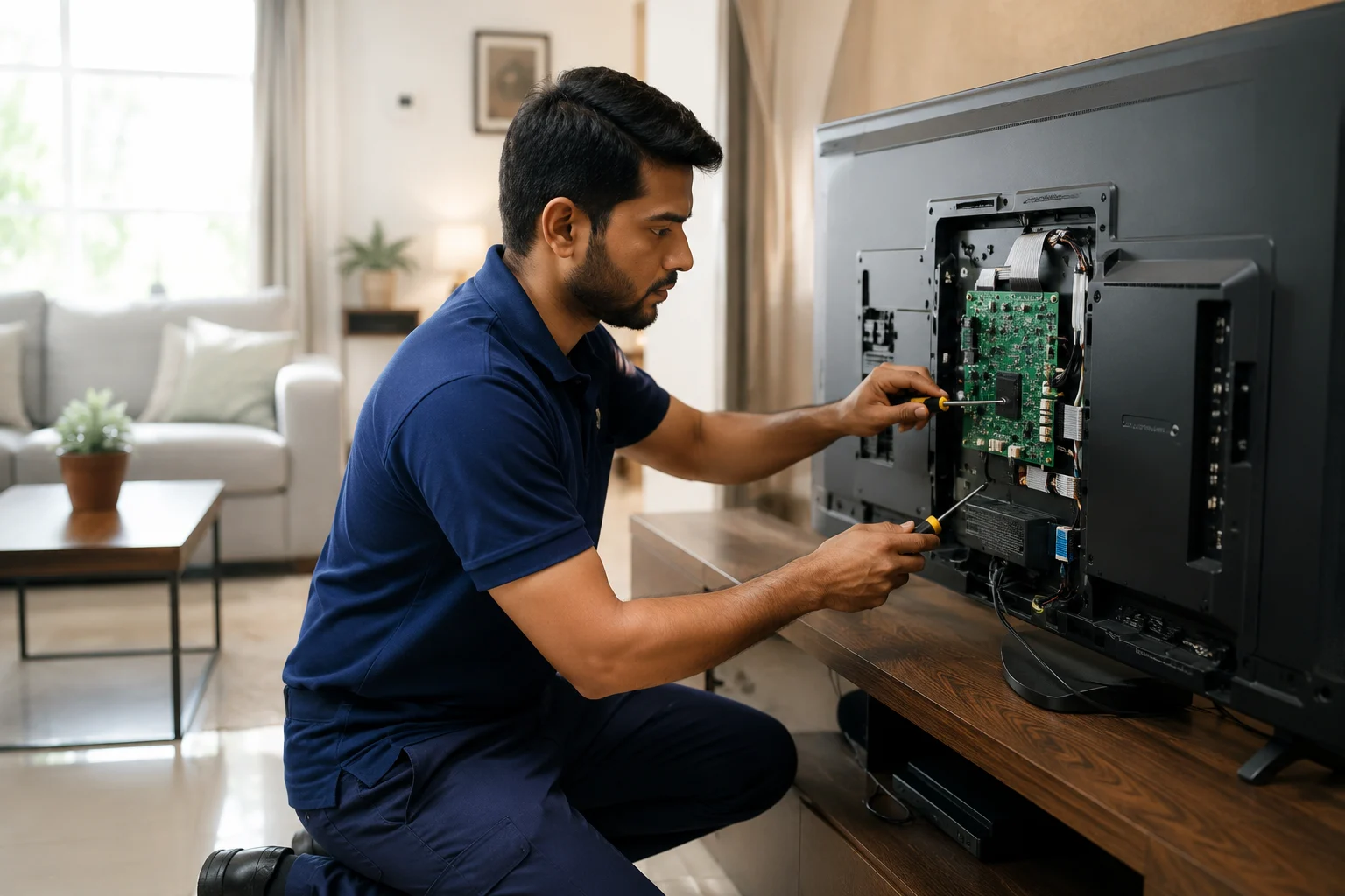 Technician repairing a smart TV at a customer's home in Pune
