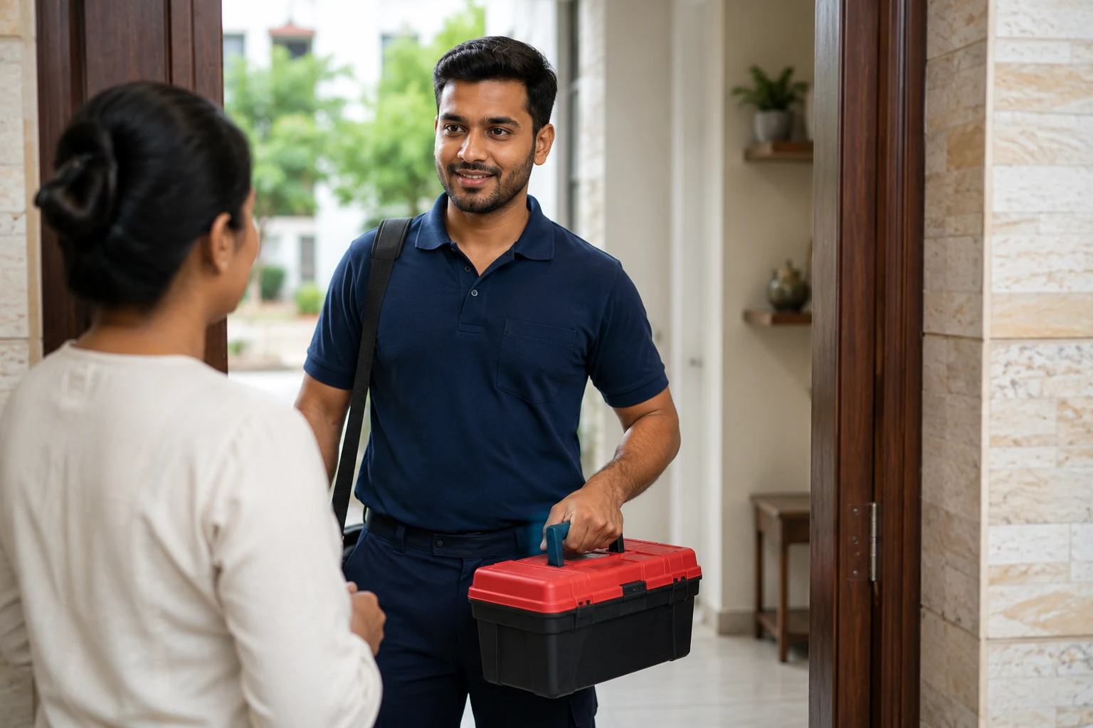Technician arriving for doorstep TV diagnosis