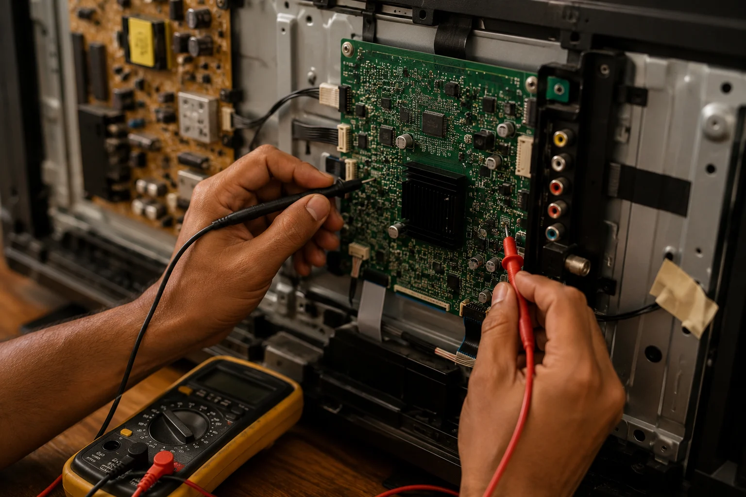Technician diagnosing a TV circuit board fault
