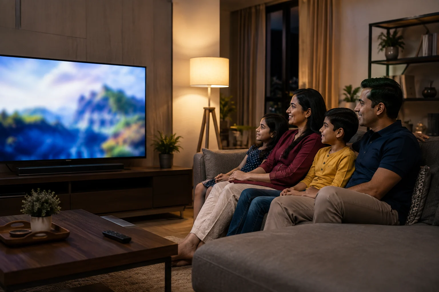 Happy Pune family watching their repaired smart TV at home